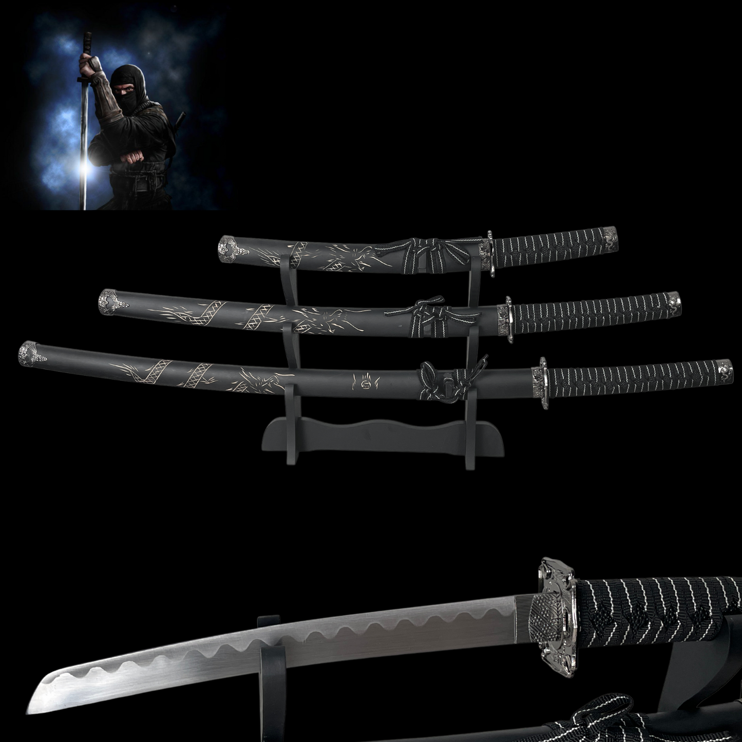 „The Last Samurai“ Japanisches Samurai-Schwert Katana Wakizashi Tanto-Klinge, 3er-Set