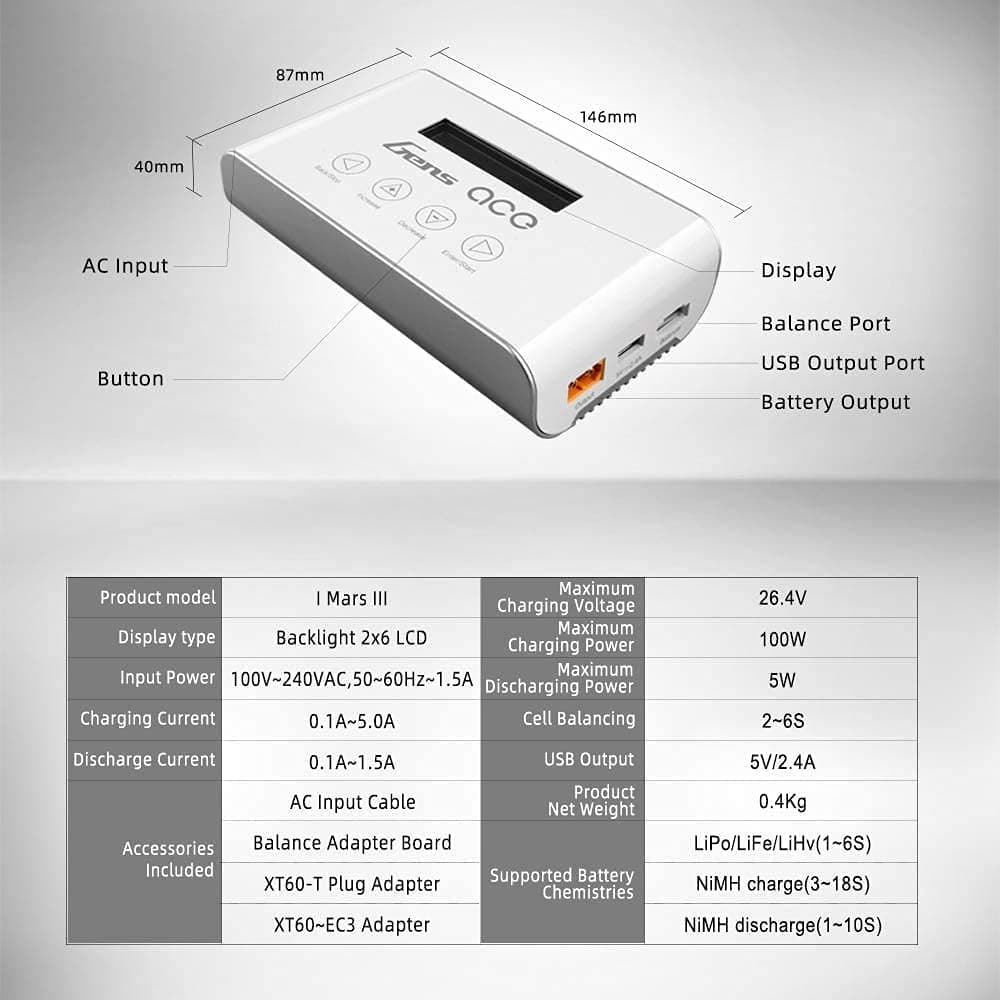Gens ace 5A Balance-Ladegerät für NIMH/Lipo-Akku, Ladegerät mit XT60-Anschluss für RC-Akku (100 W)