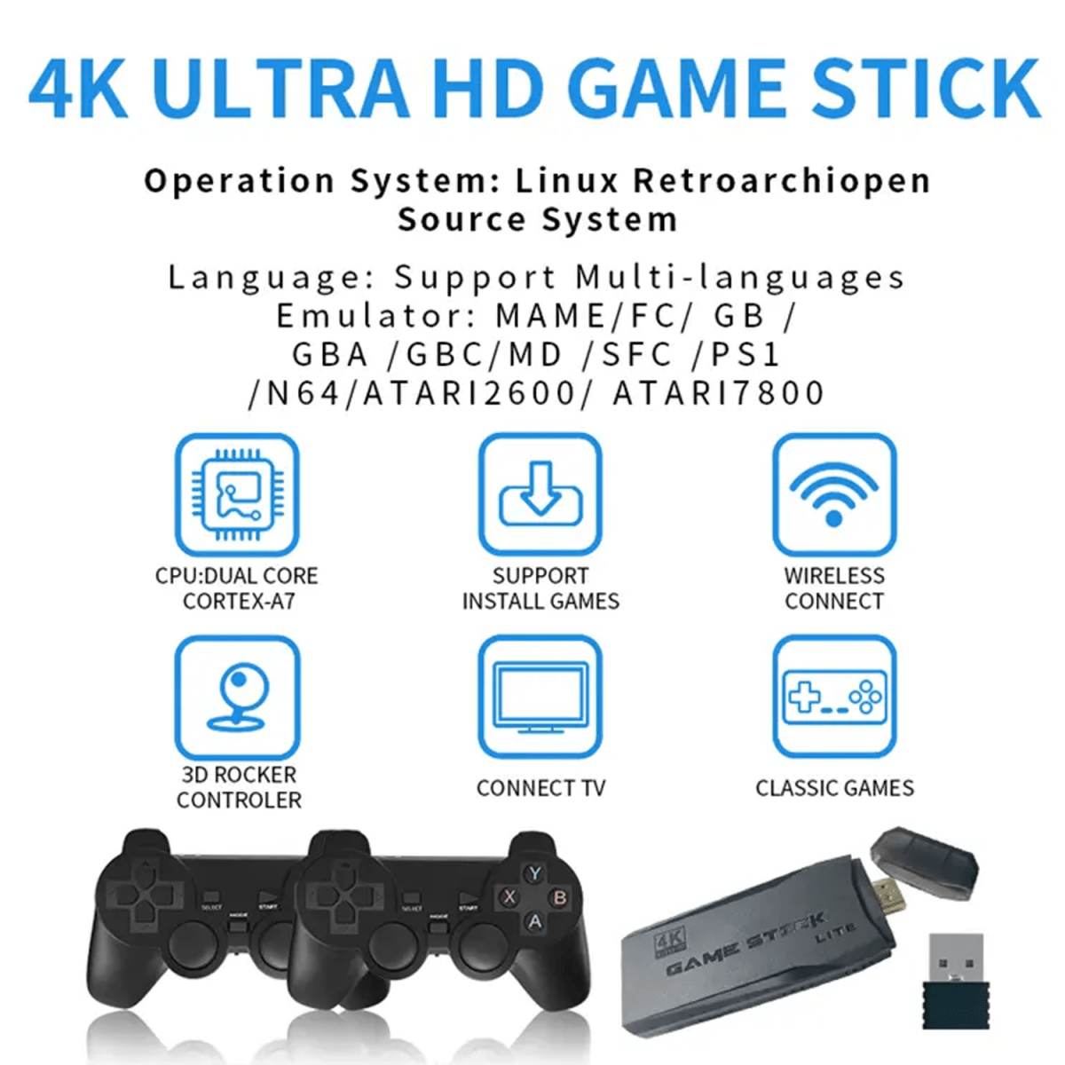Mini Retro Konsole 64GB Drahtlose Videospielkonsolen 4K HD M8 Game Stick Lite Mit Gamepad Integrierte 20000 + spiele Für PS1/SFC/FC