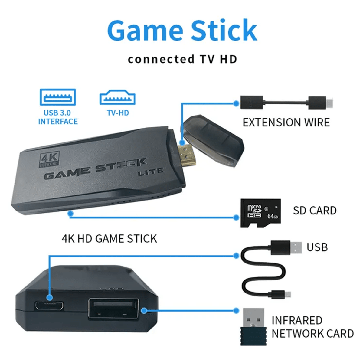 Mini Retro Konsole 64GB Drahtlose Videospielkonsolen 4K HD M8 Game Stick Lite Mit Gamepad Integrierte 20000 + spiele Für PS1/SFC/FC