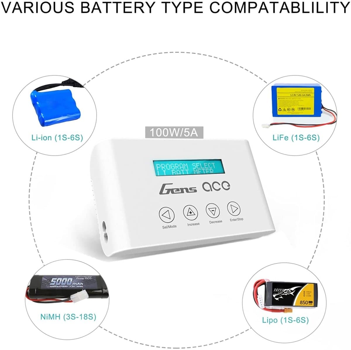 Gens ace 5A Balance-Ladegerät für NIMH/Lipo-Akku, Ladegerät mit XT60-Anschluss für RC-Akku (100 W)